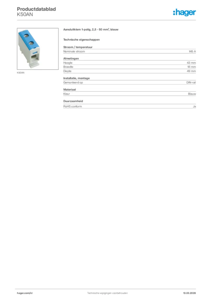 Afbeelding Hager Productdatablad K50AN | Hager Nederland