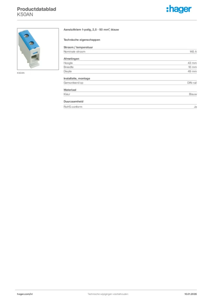 Afbeelding Hager Productdatablad K50AN | Hager Nederland