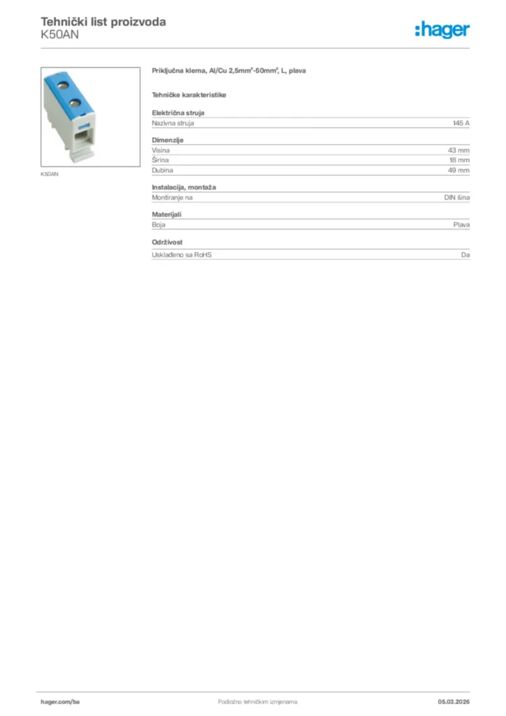 Slika Hager Tehnički list proizvoda K50AN  | Hager