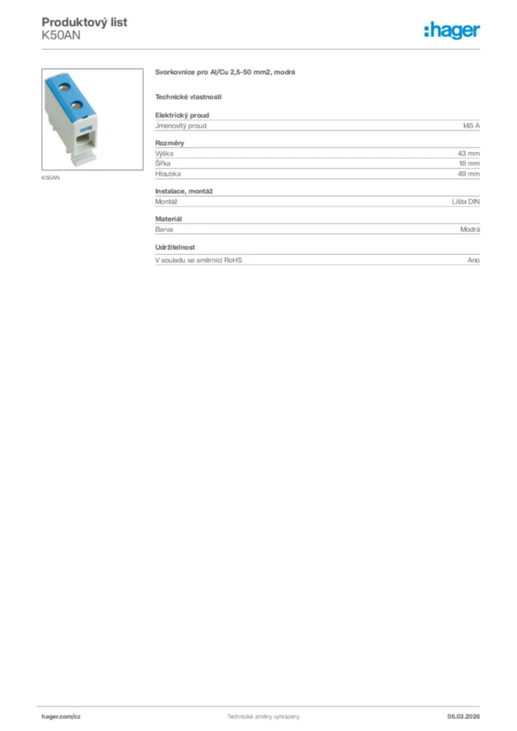 Obrázek Hager Product data sheet K50AN | Hager