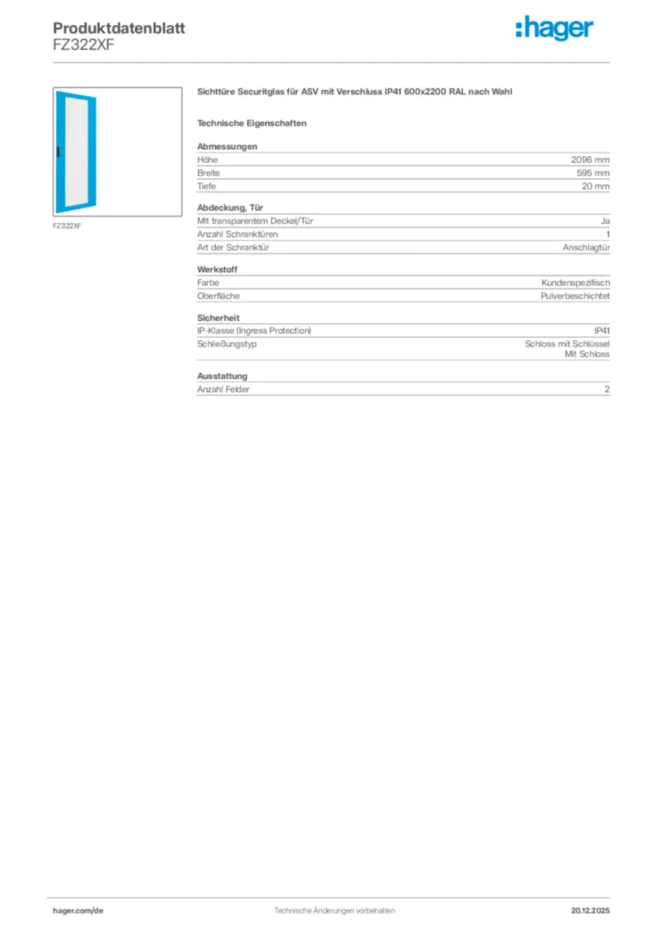 Bild Hager Produktdatenblatt FZ322XF | Hager Deutschland