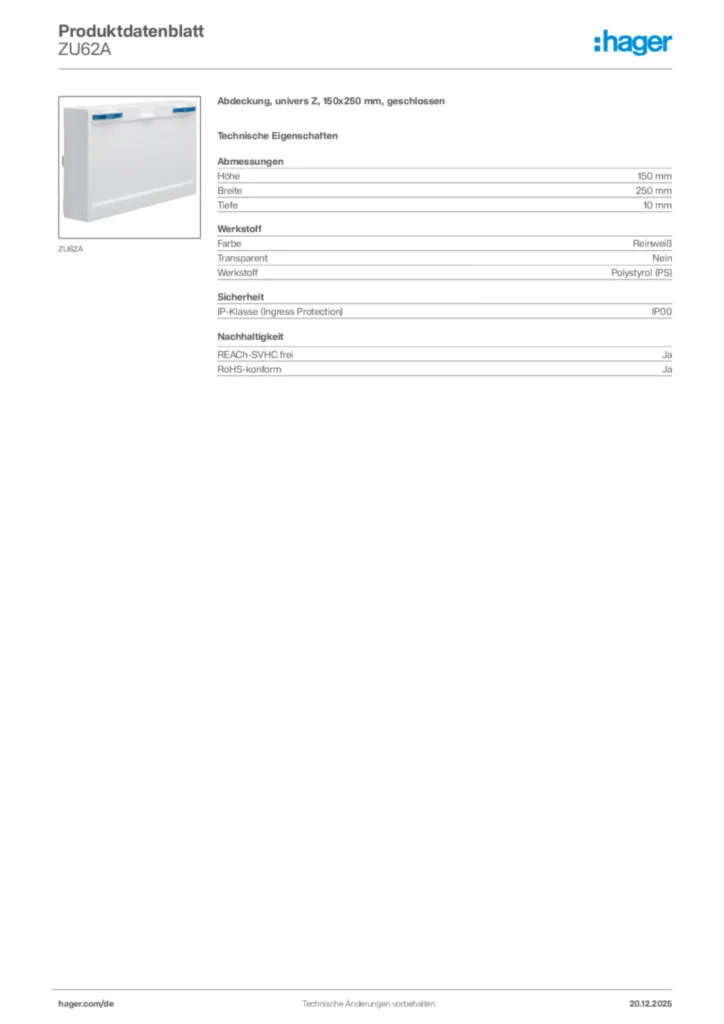 Bild Hager Produktdatenblatt ZU62A | Hager Deutschland