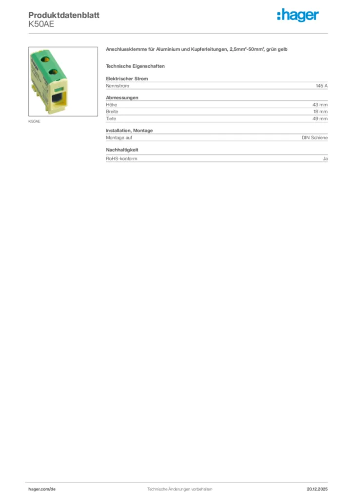 Bild Hager Produktdatenblatt K50AE | Hager Deutschland