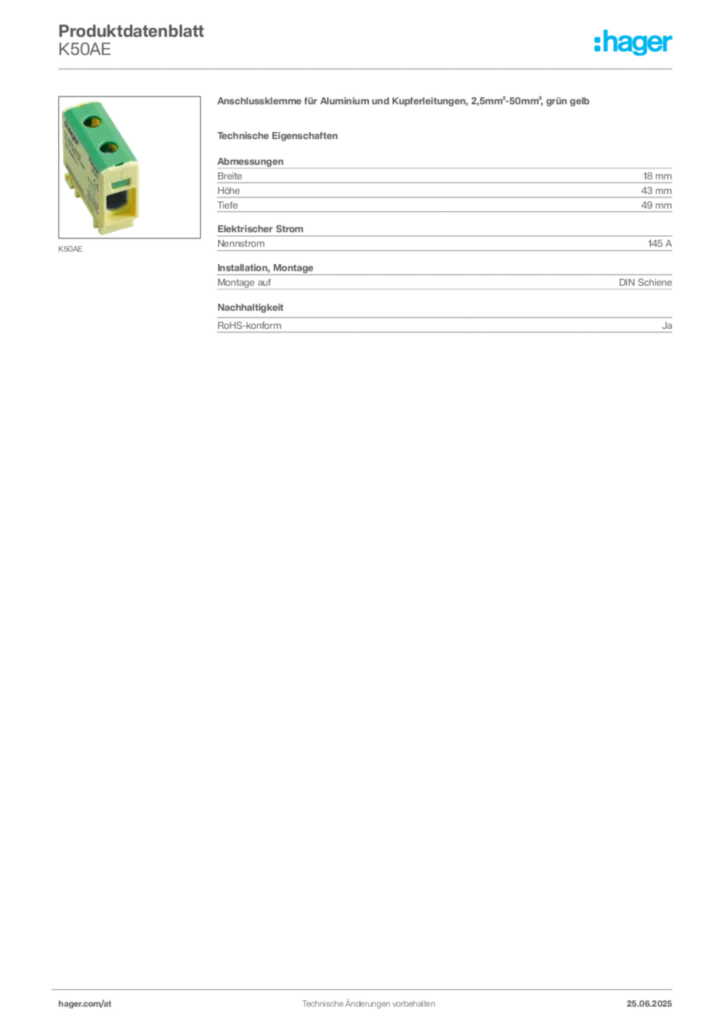 Bild Hager Produktdatenblatt K50AE | Hager Deutschland