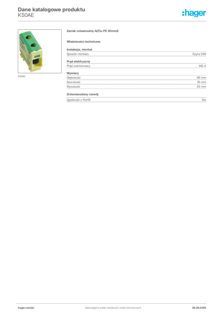 Zdjęcie Hager Karta katalogowa K50AE | Hager Polska