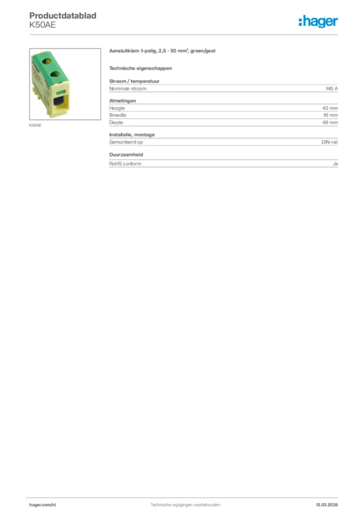 Afbeelding Hager Productdatablad K50AE | Hager Nederland