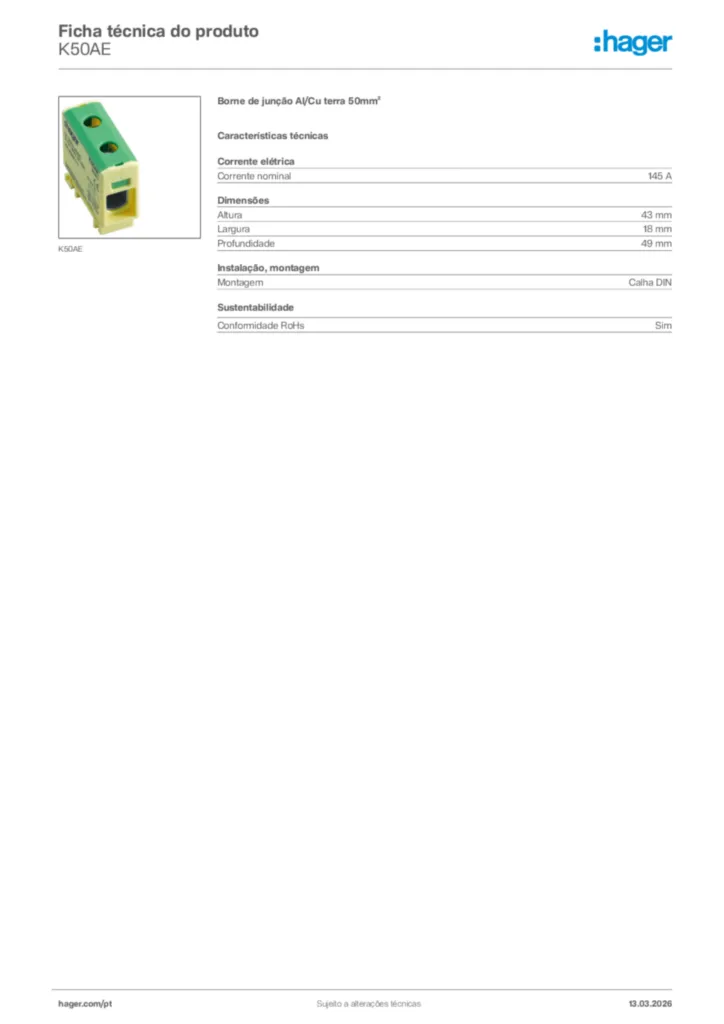 Imagem Hager Ficha técnica do produto K50AE | Hager Portugal