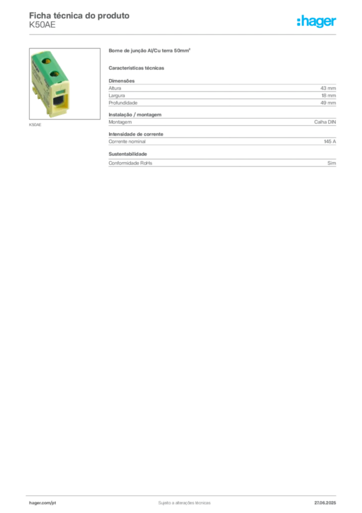 Imagem Hager Ficha técnica do produto K50AE | Hager Portugal