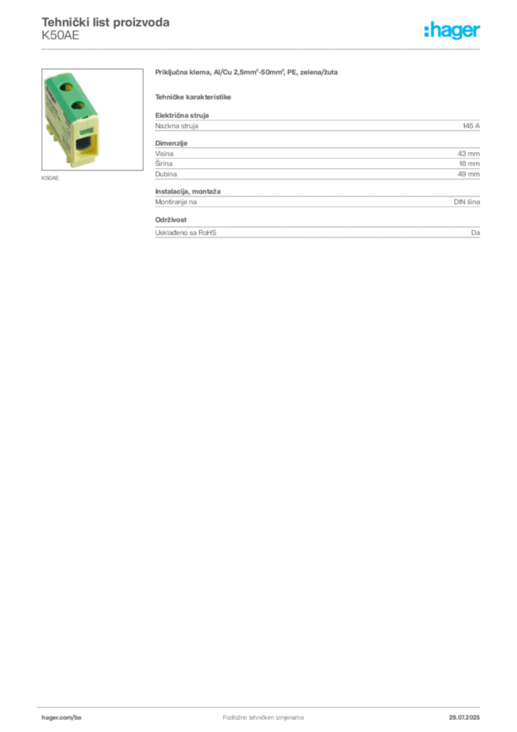 Slika Hager Product data sheet K50AE  | Hager