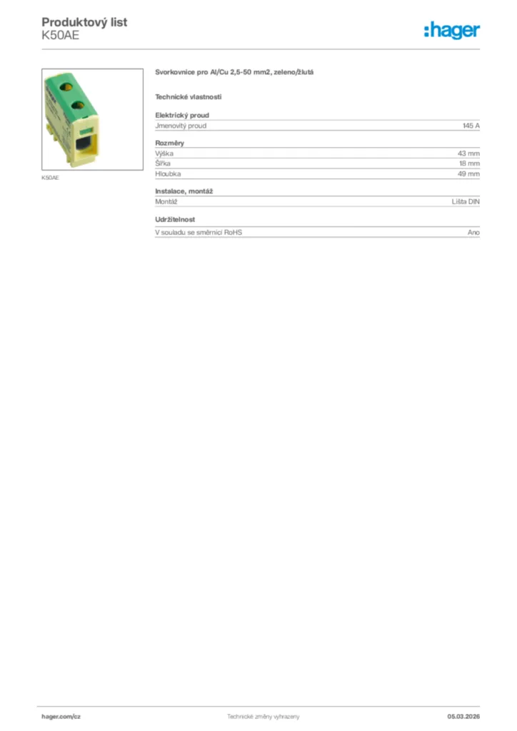 Obrázek Hager Product data sheet K50AE | Hager