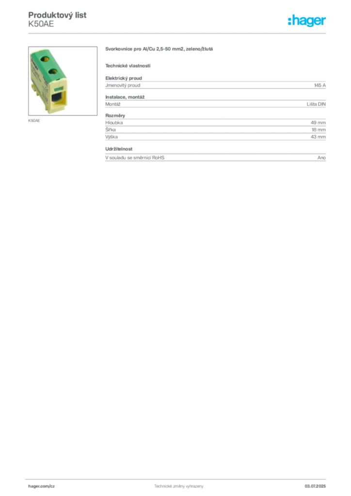 Obrázek Hager Produktový list K50AE | Hager