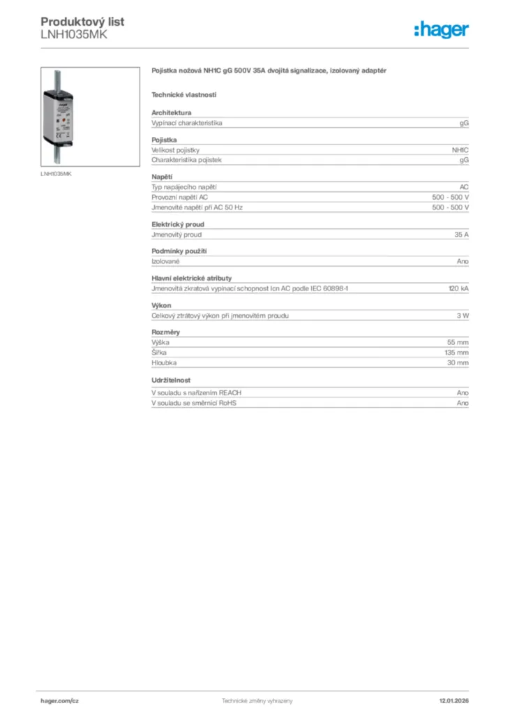 Obrázek Hager Product data sheet LNH1035MK | Hager