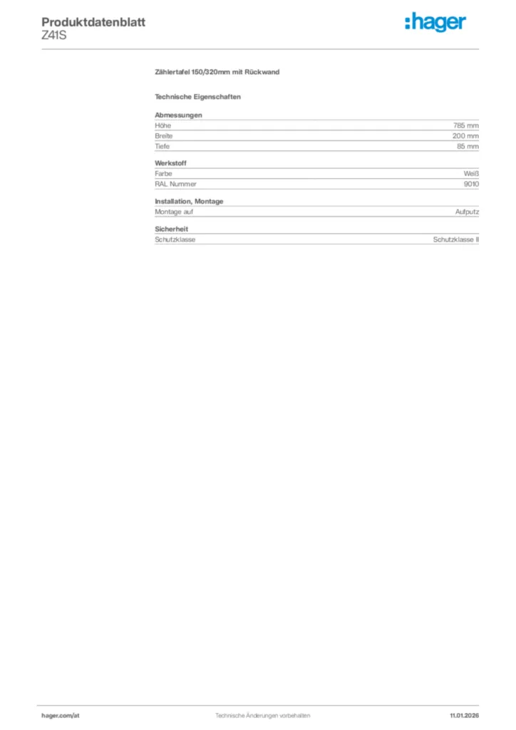 Bild Hager Produktdatenblatt Z41S | Hager Deutschland