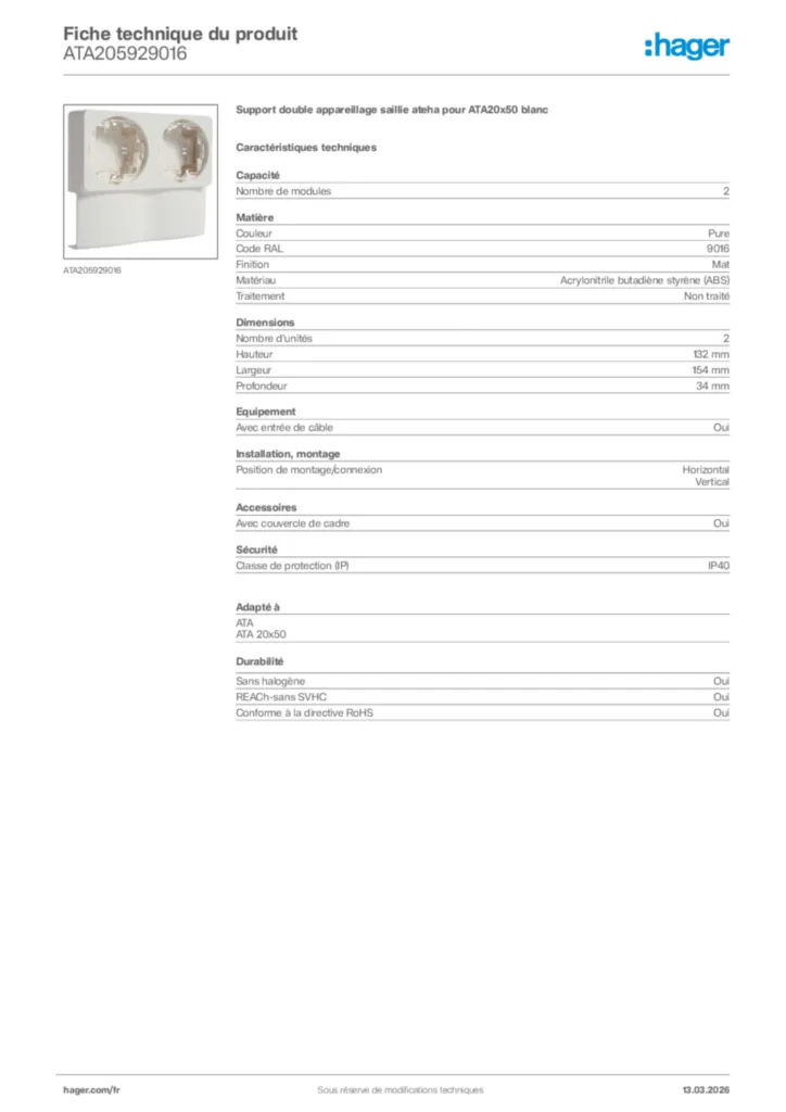Image Hager Fiche technique du produit ATA205929016 | Hager France