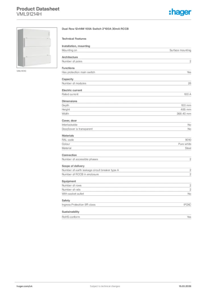 Image Hager Product data sheet VML91214H  | Hager