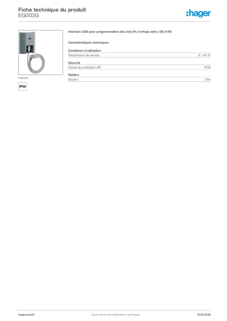 Image Hager Fiche technique du produit EG003G | Hager France