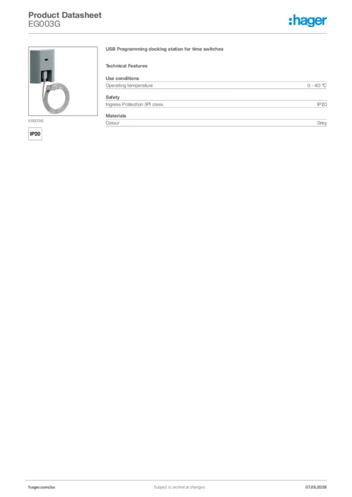 Image Hager Product data sheet EG003G  | Hager Australia