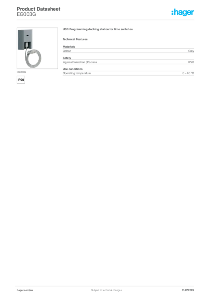 Image Hager Product data sheet EG003G  | Hager Australia
