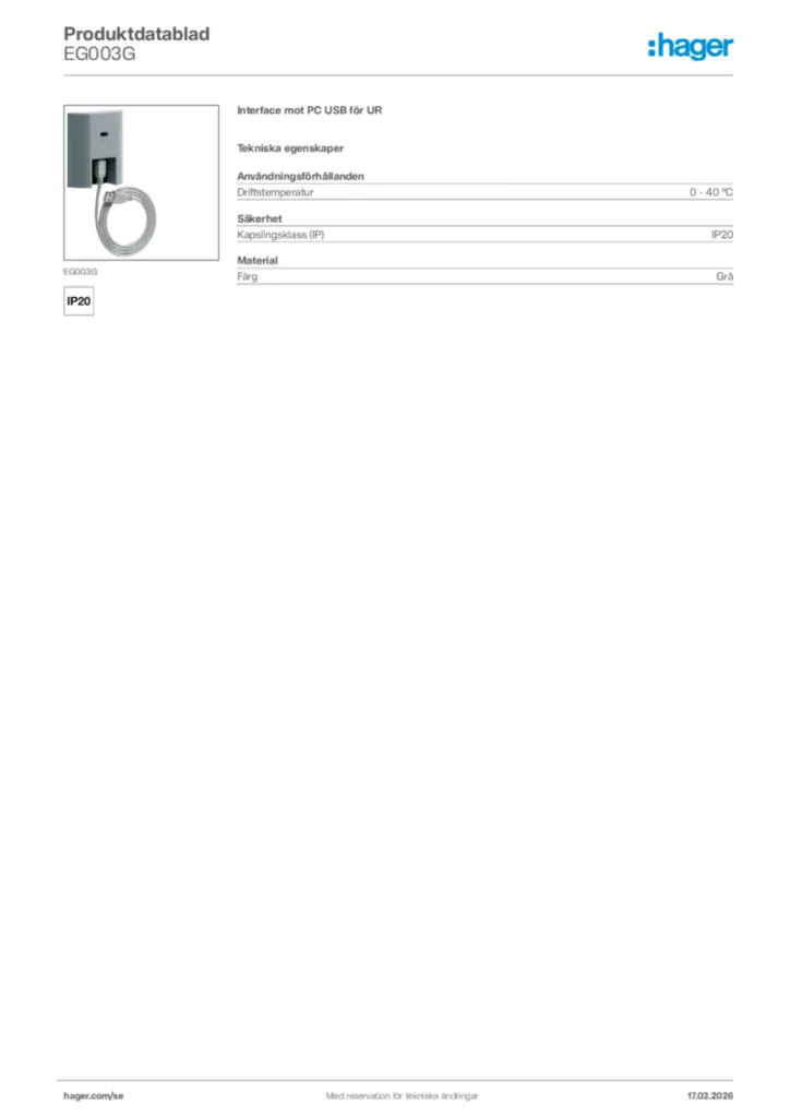 Bild Hager Produktdatablad EG003G | Hager Sverige