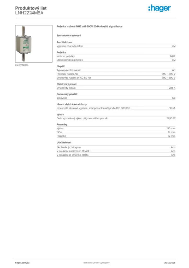Obrázek Hager Produktový list LNH2224M6A | Hager