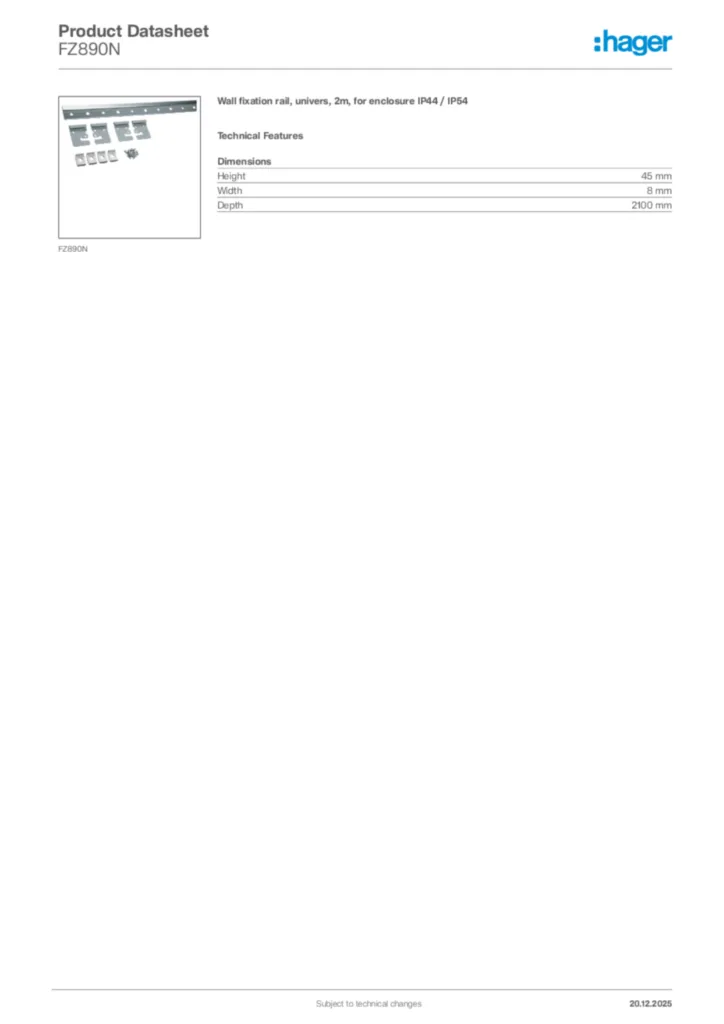 Image Hager Product data sheet FZ890N  | Hager Africa