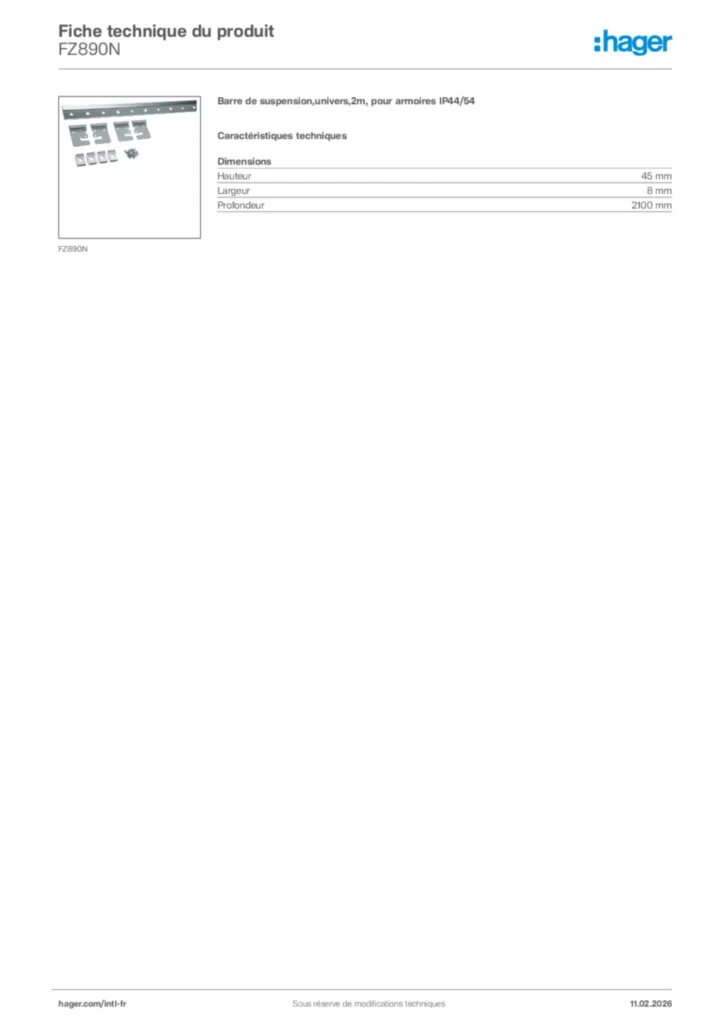Image Hager Fiche technique du produit FZ890N | Hager Afrique