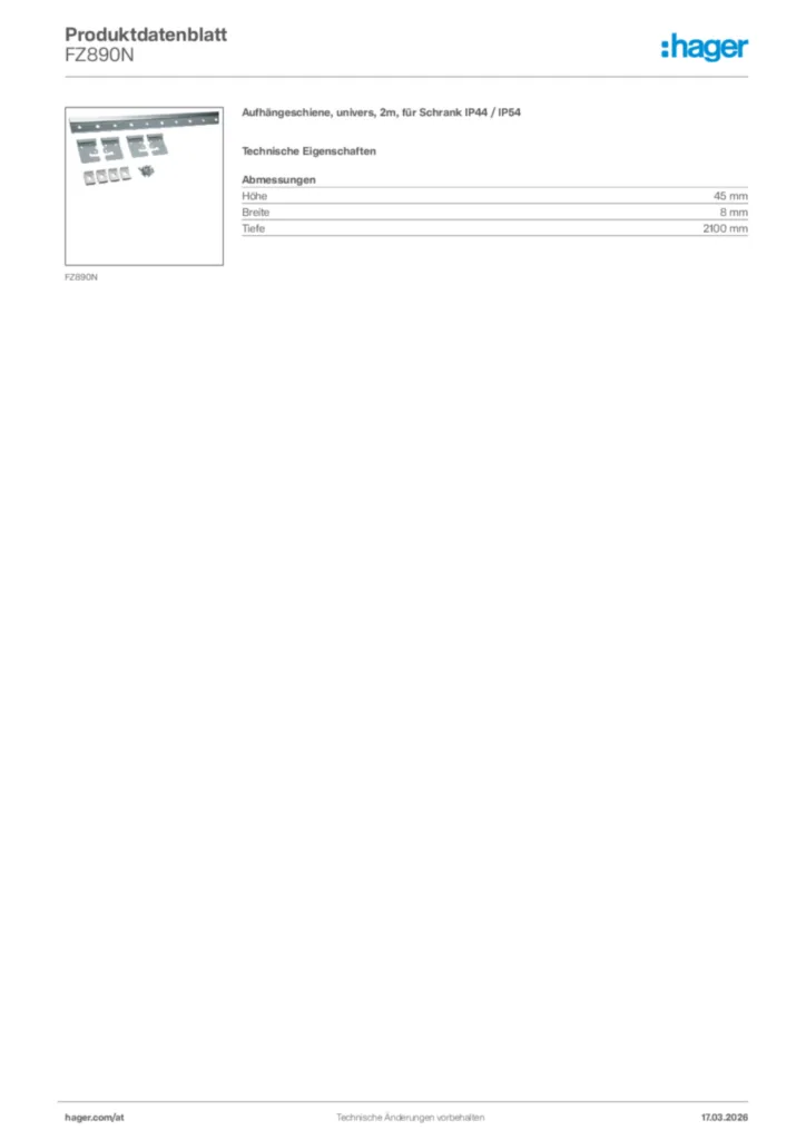 Bild Hager Produktdatenblatt FZ890N | Hager Deutschland