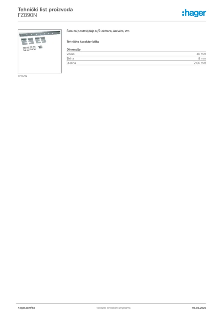 Slika Hager Tehnički list proizvoda FZ890N  | Hager