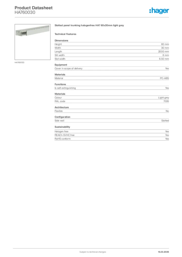 Image Hager Product data sheet HA760030  | Hager Africa