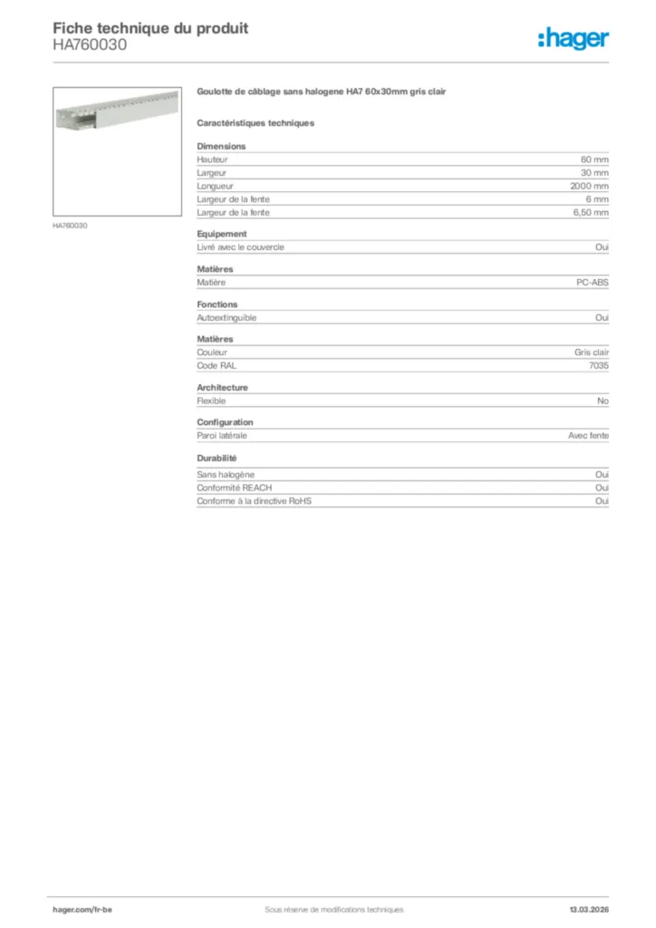 Image Hager Fiche technique du produit HA760030 | Hager Belgique
