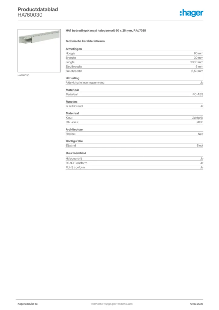 Afbeelding Hager Productdatablad HA760030 | Hager Belgium