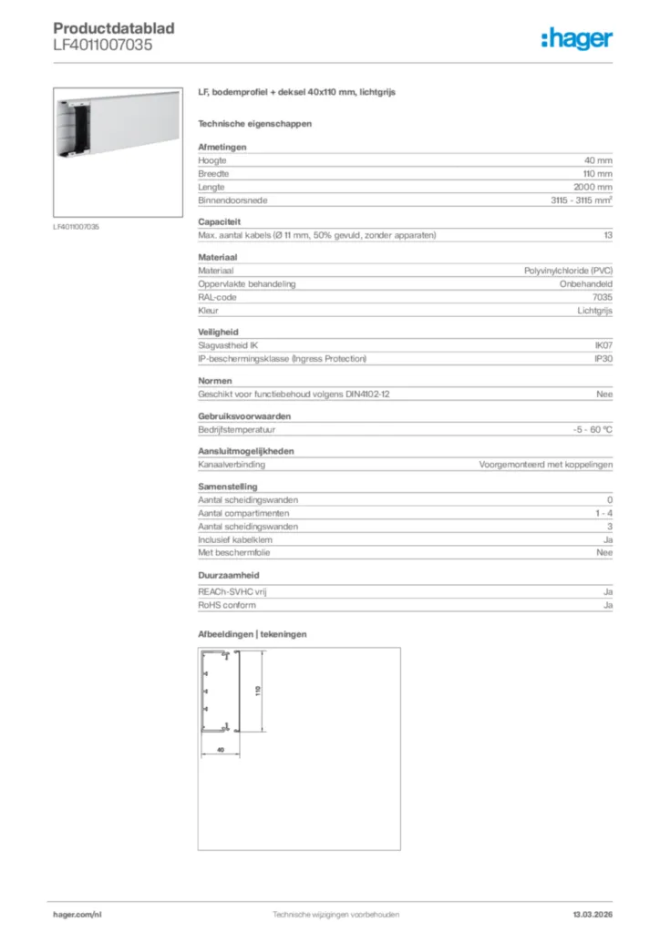 Afbeelding Hager Productdatablad LF4011007035 | Hager Nederland