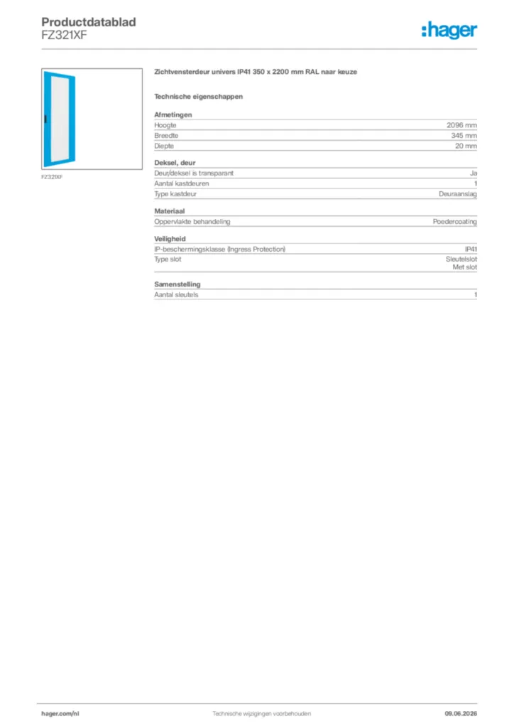 Afbeelding Hager Productdatablad FZ321XF | Hager Nederland