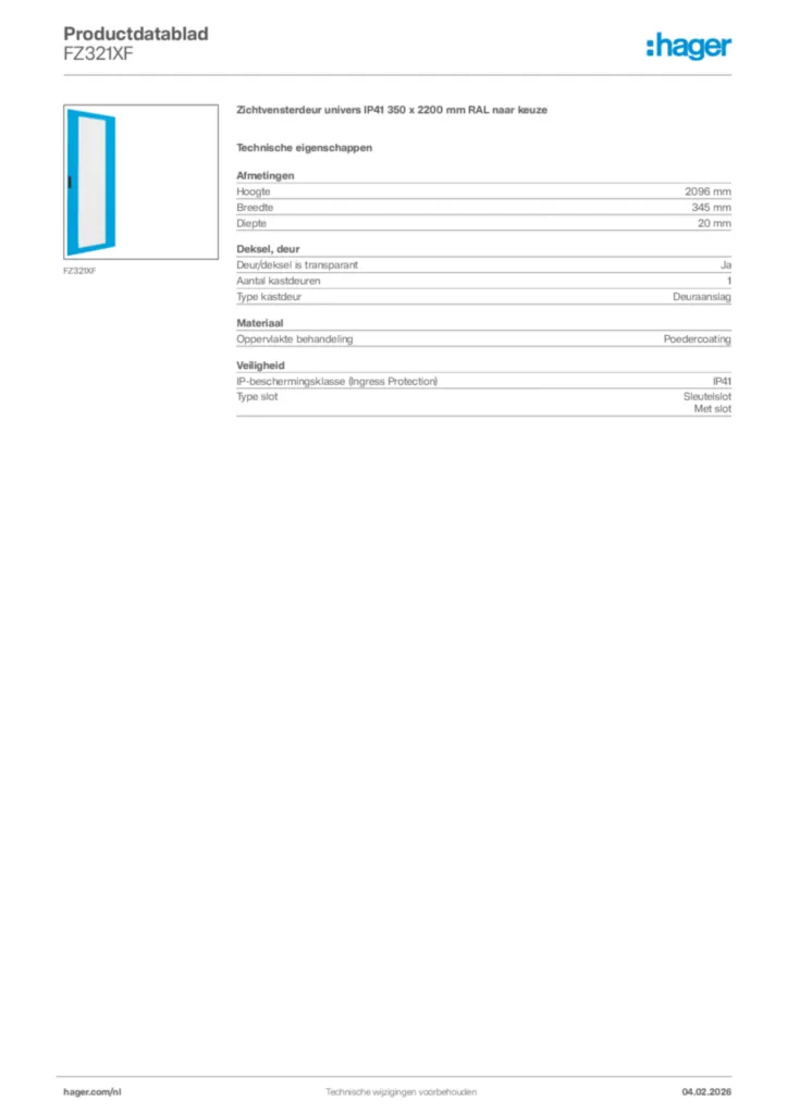 Afbeelding Hager Productdatablad FZ321XF | Hager Nederland