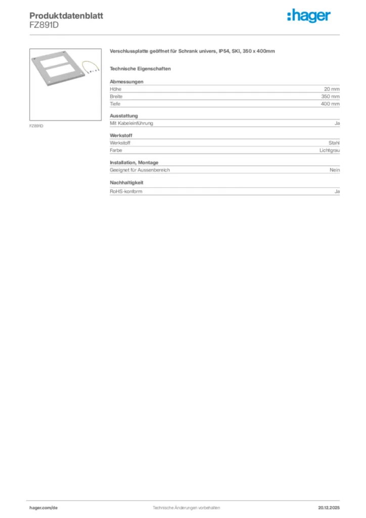 Bild Hager Produktdatenblatt FZ891D | Hager Deutschland