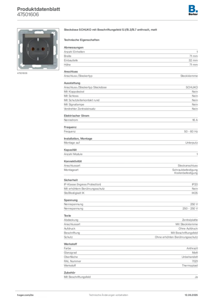 Bild Berker Produktdatenblatt 47501606 | Hager Deutschland