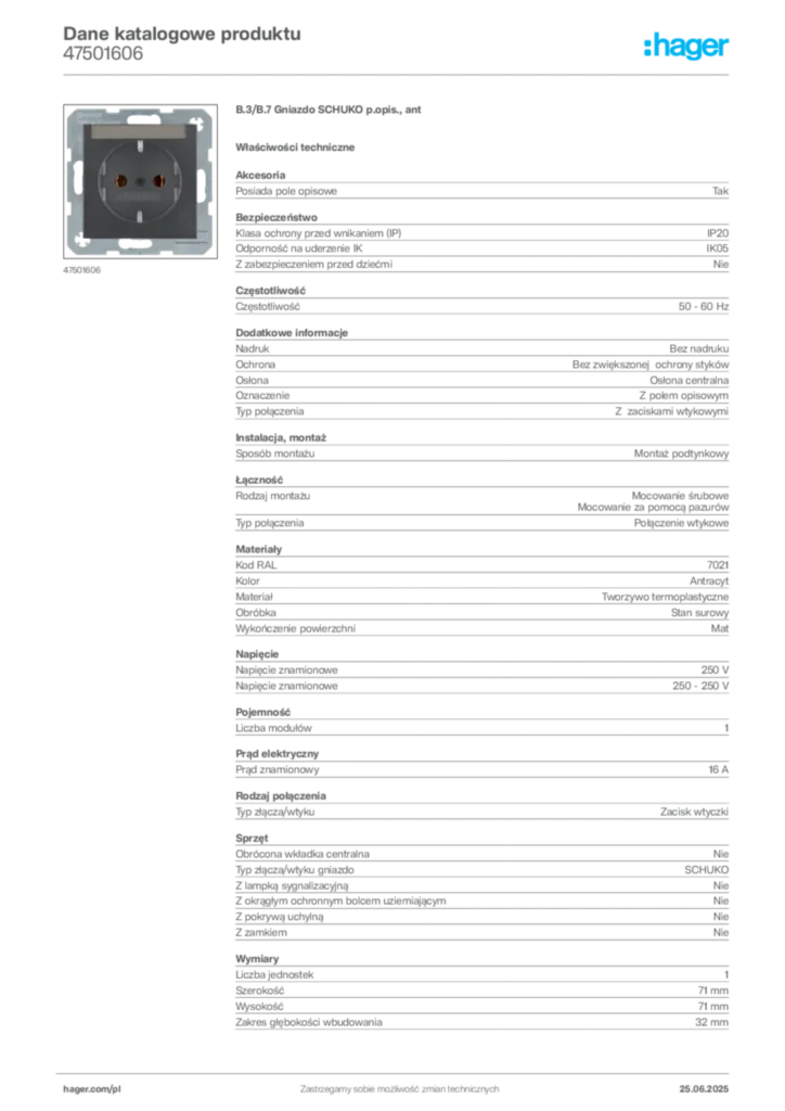 Zdjęcie Hager Karta katalogowa 47501606 | Hager Polska