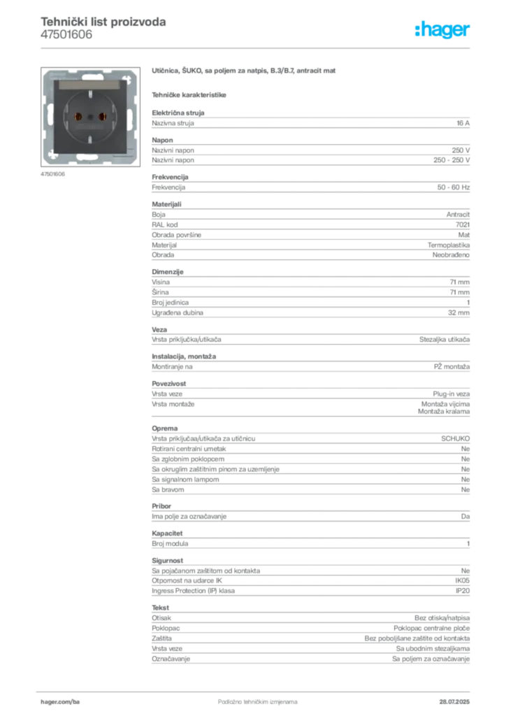 Slika Hager Product data sheet 47501606  | Hager