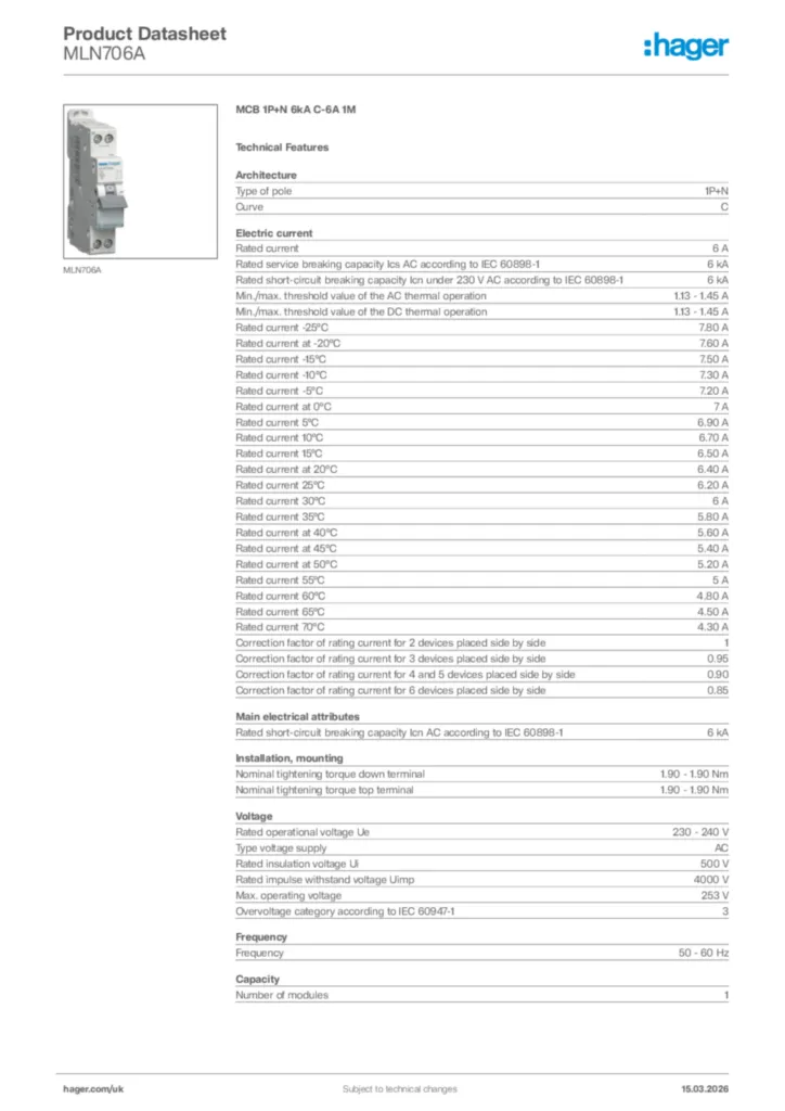 Image Hager Product data sheet MLN706A  | Hager