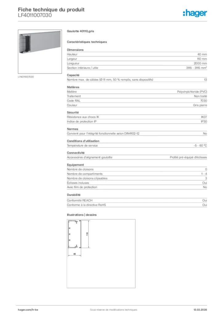 Image Hager Fiche technique du produit LF4011007030 | Hager Belgique