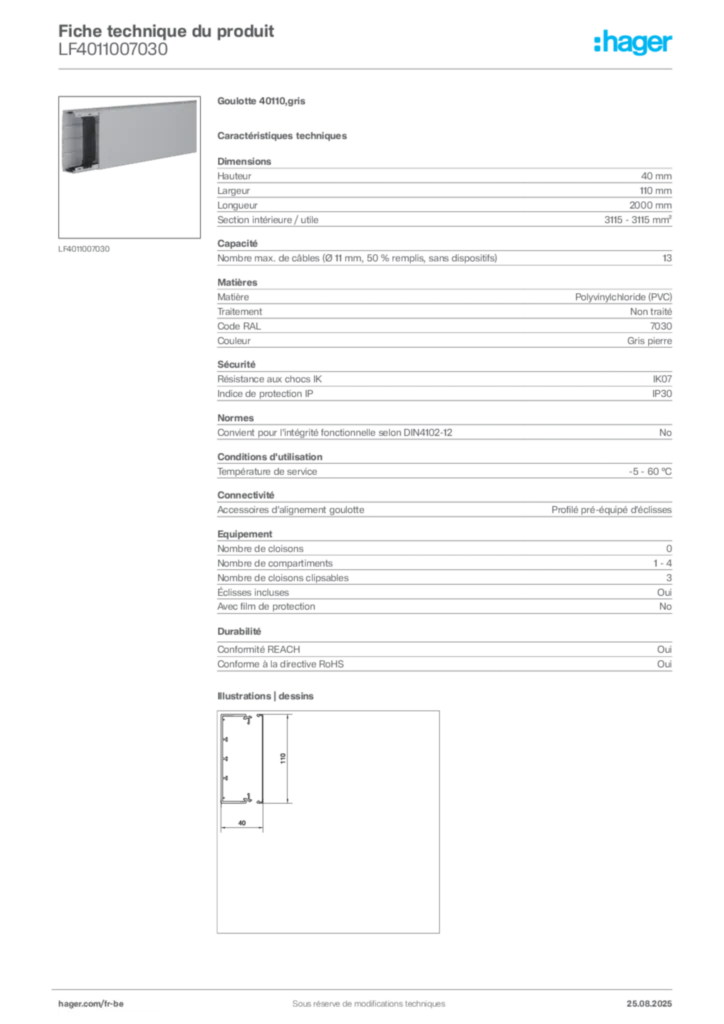 Image Hager Fiche technique du produit LF4011007030 | Hager Belgique