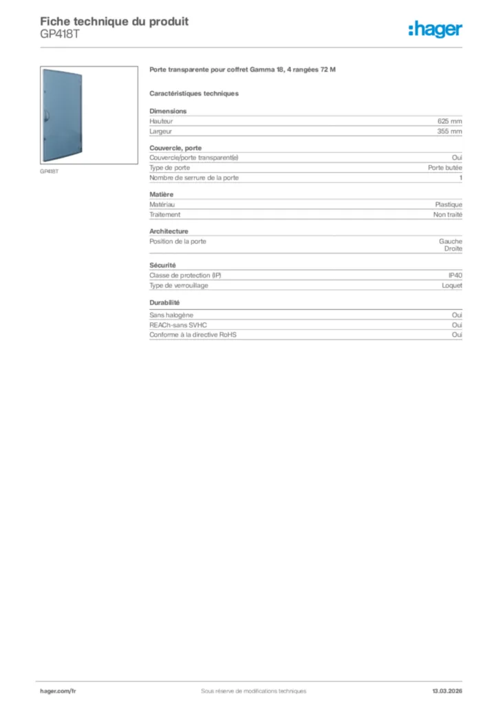 Image Hager Fiche technique du produit GP418T | Hager France