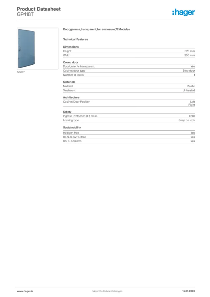 Image Hager Product data sheet GP418T  | Hager