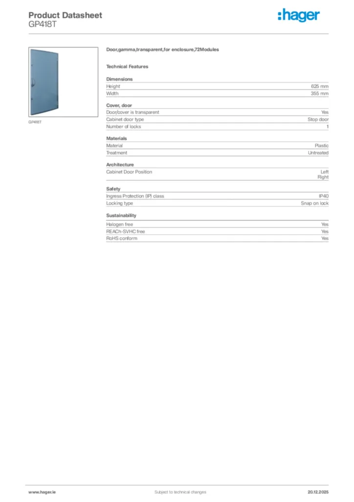 Image Hager Product data sheet GP418T  | Hager