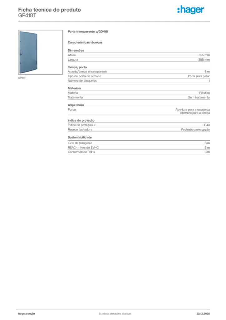 Imagem Hager Ficha técnica do produto GP418T | Hager Portugal