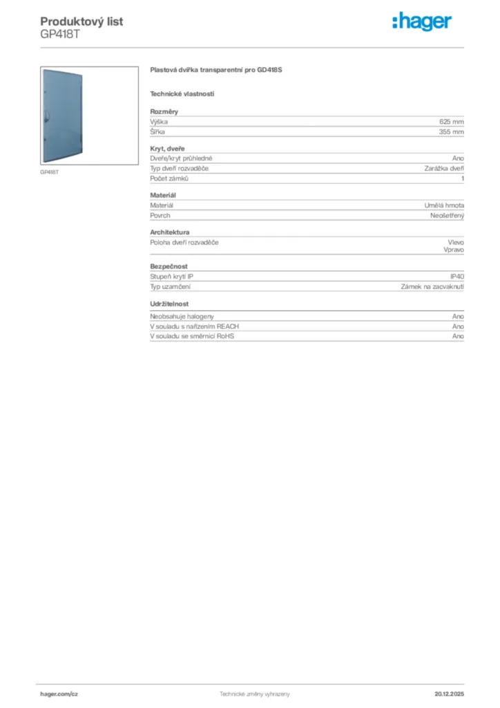 Obrázek Hager Produktový list GP418T | Hager