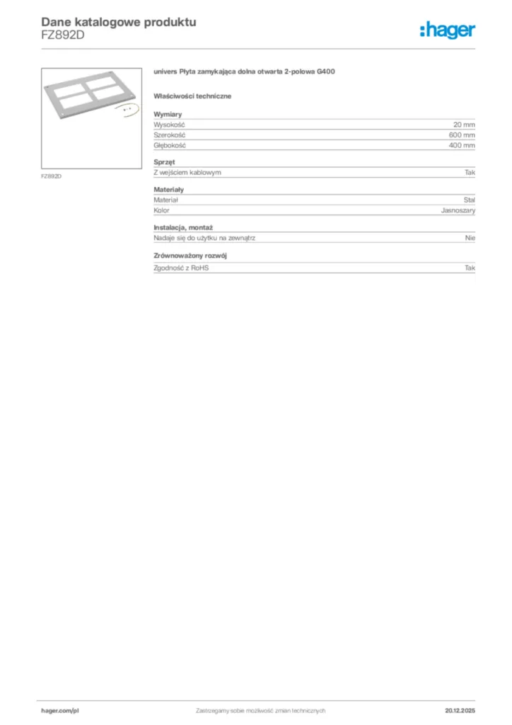 Zdjęcie Hager Karta katalogowa FZ892D | Hager Polska