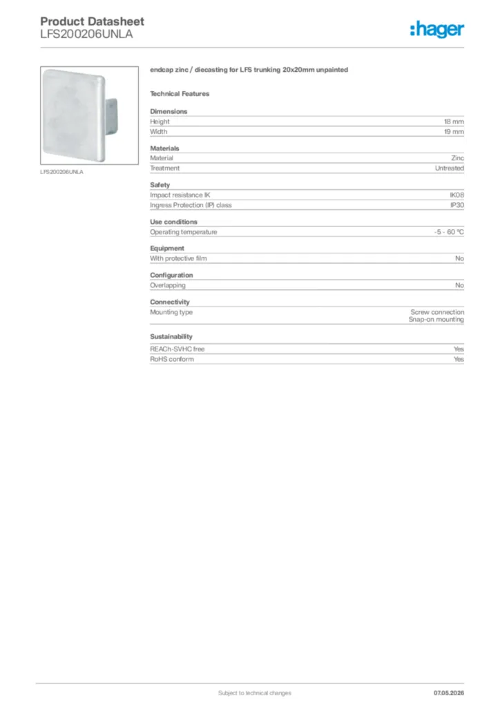 Image Hager Product data sheet LFS200206UNLA  | Hager Africa
