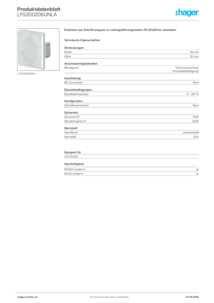 Bild Hager Produktdatenblatt LFS200206UNLA | Hager Schweiz