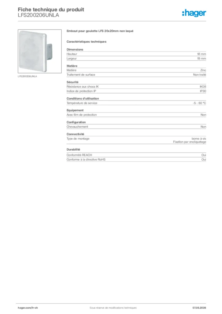 Image Hager Fiche technique du produit LFS200206UNLA | Hager Suisse